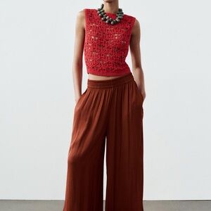 Zara Satin Effect Wide Leg Pant in Coral